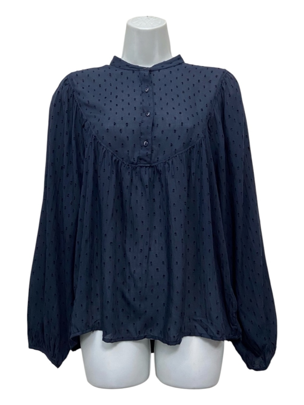H&M L.O.G.G. Navy Blue Swiss Dot Long Sleeve Peasant Blouse Top Women’s 4 NEW